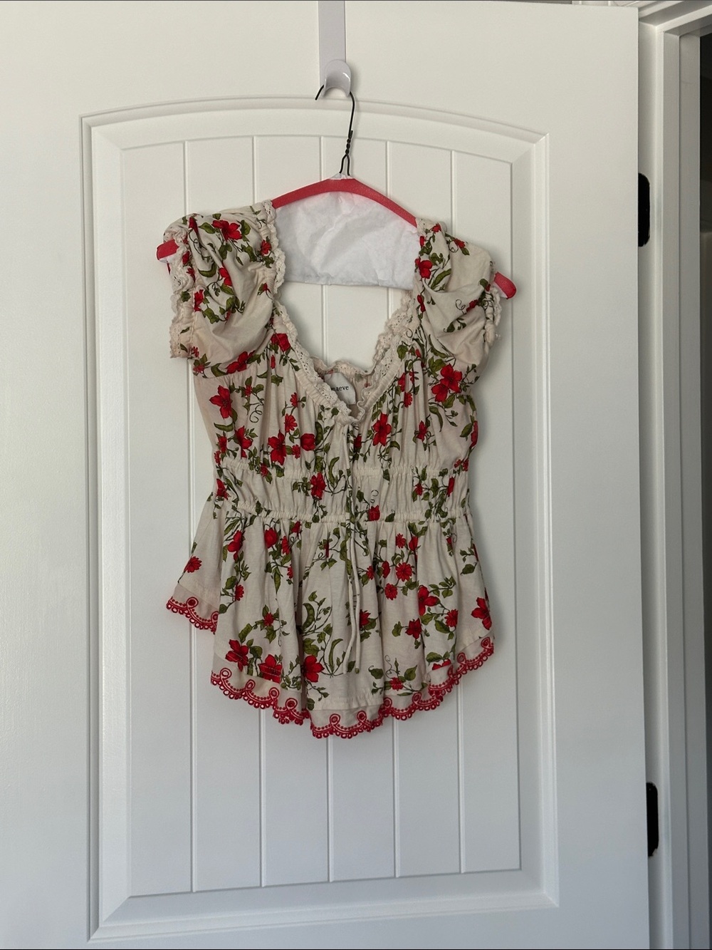 Anthropolgie Beige Floral Smocked Peplum Top with Red Trim
